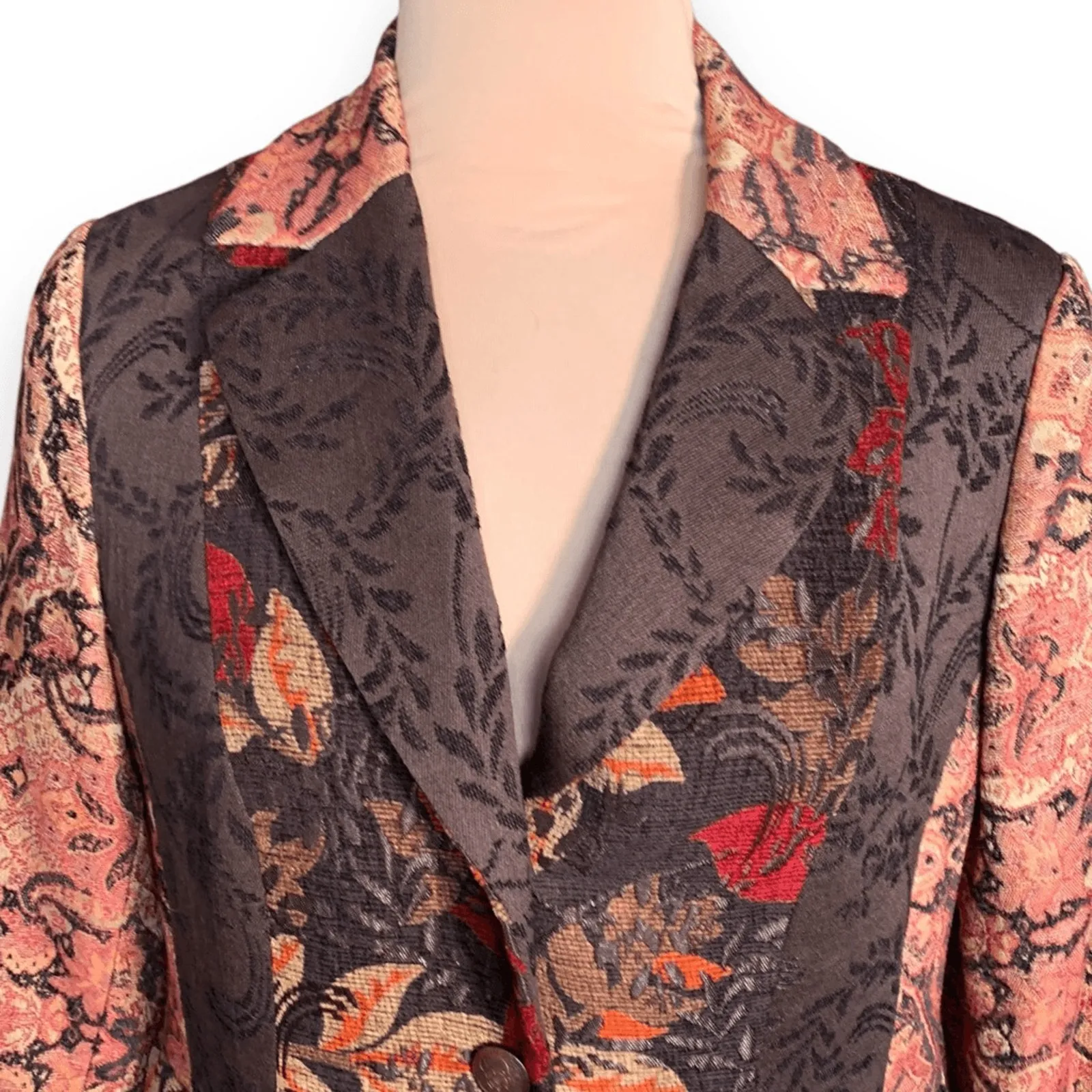 Vintage 90s Coldwater Creek Tapestry Blazer Floral Leaf Patchwork Jacket Fall Brown Size 12 - Image 2