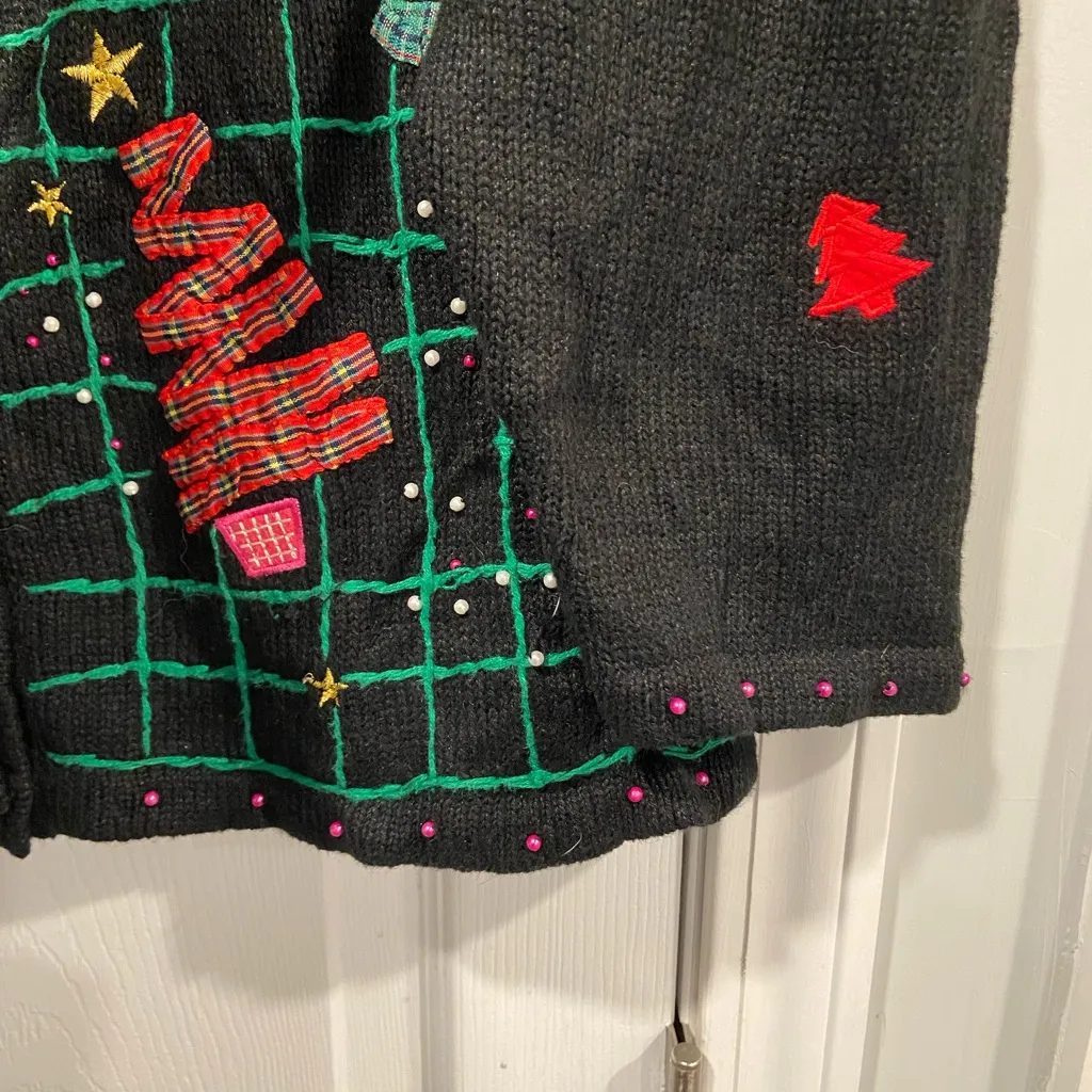 Rebecca Malone Size 1X Cotton Ramie Embellished Vintage Christmas Tree Cardigan - Image 7