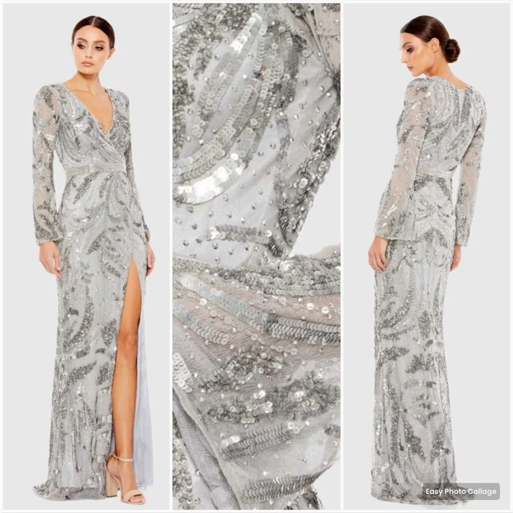 Mac Duggal 20263 Womens Silver SEQUINED FAUX WRAP SPLIT LONG SLEEVE GOWN Dress - Image 2