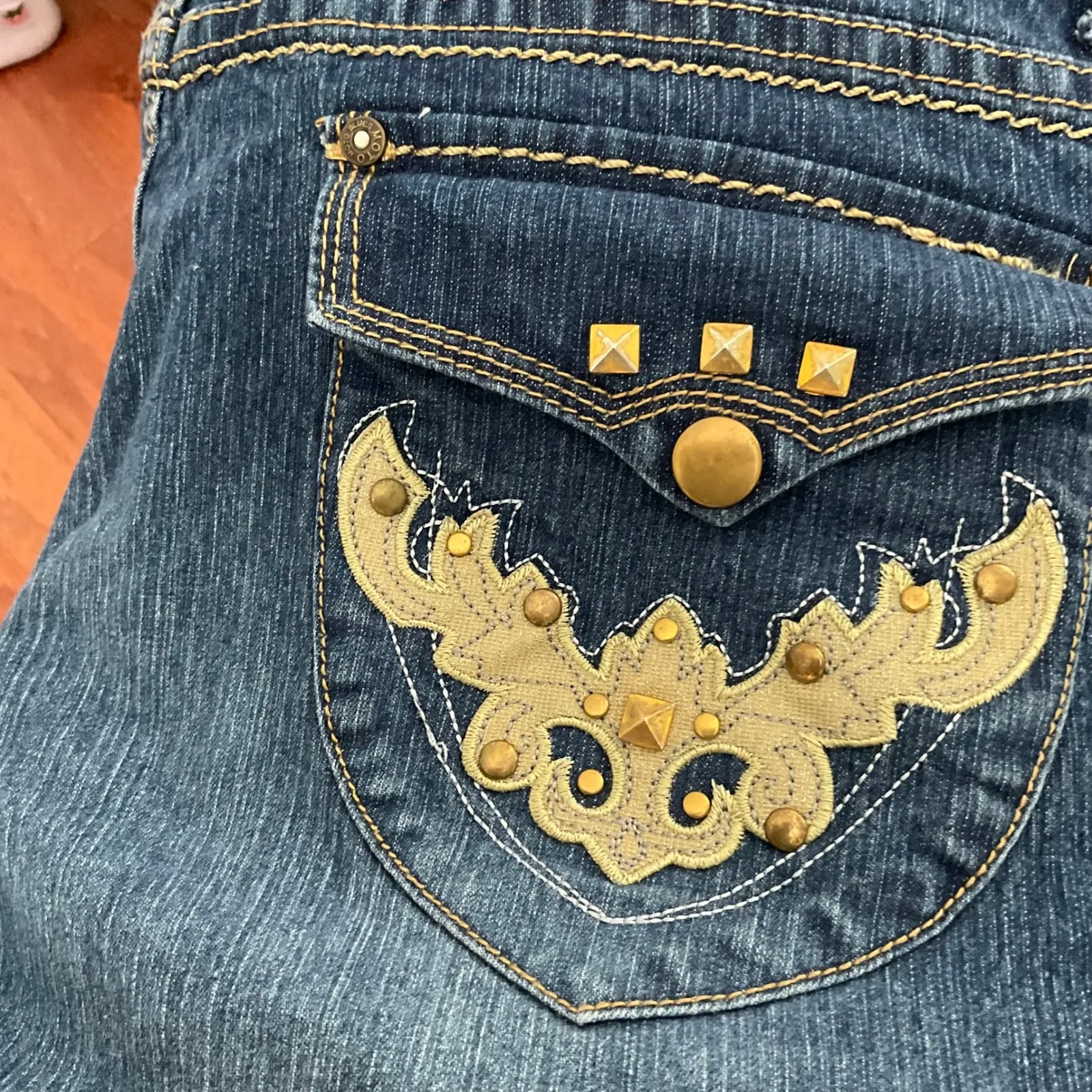 Moto Blues Embellished Jeans Size 14 Dark‎ Wash Denim Studded Pockets Y2K Blue - Image 5