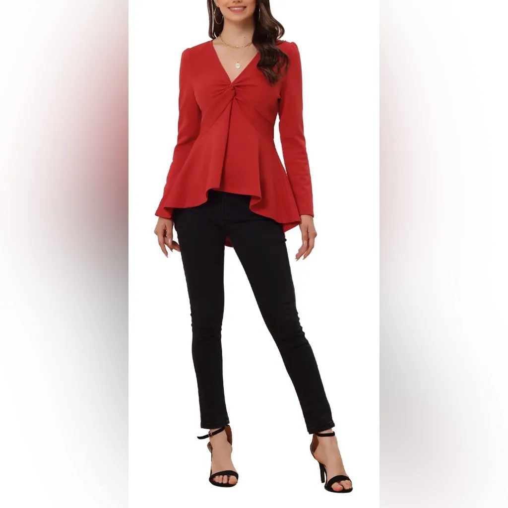 NEW Red V Neck Twist Front Long Sleeve Tunic Peplum Top XL - Image 4