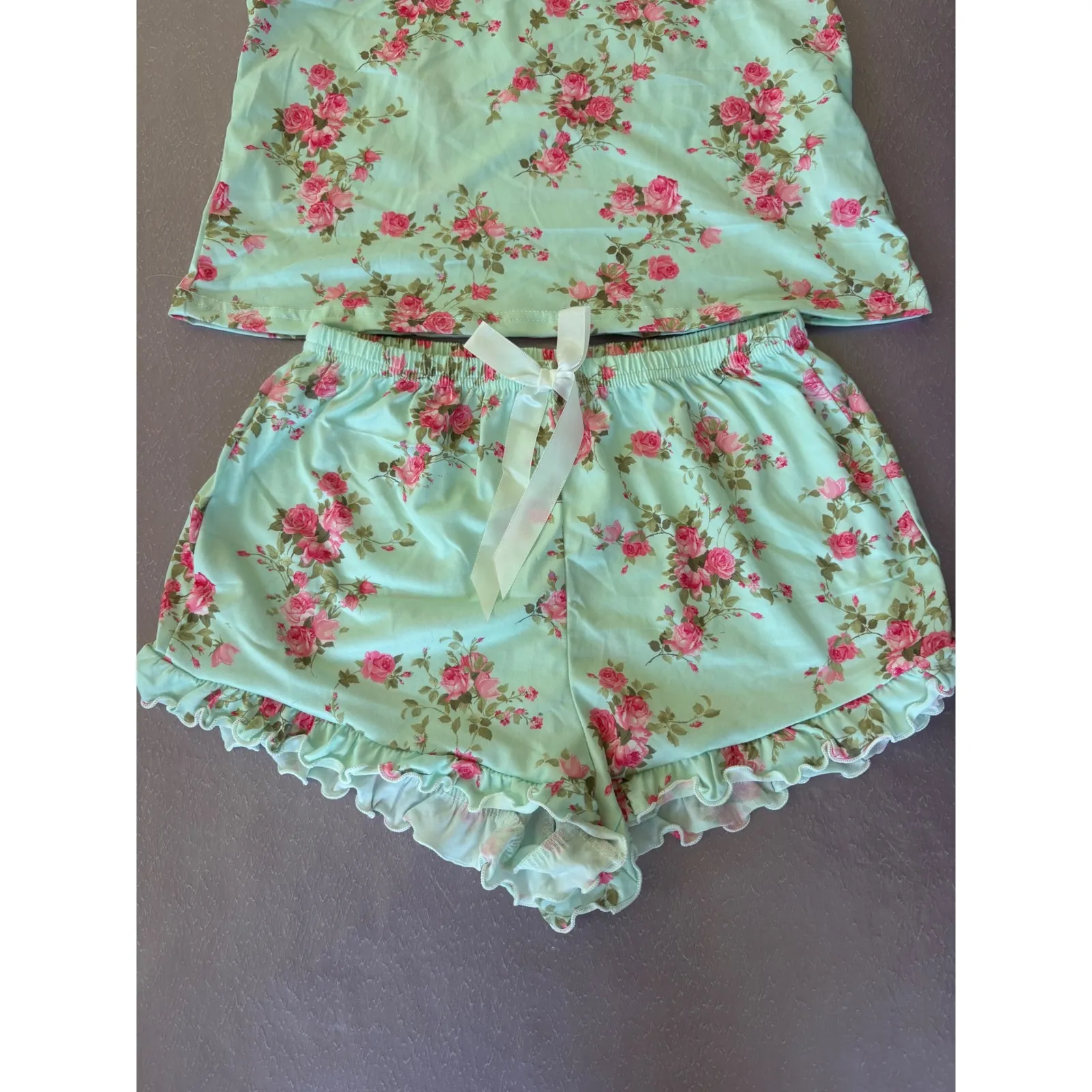 Floral Pajama Set Cami Top & Shorts Ruffle Trim Sleepwear Loungewear M Green Size M - Image 2