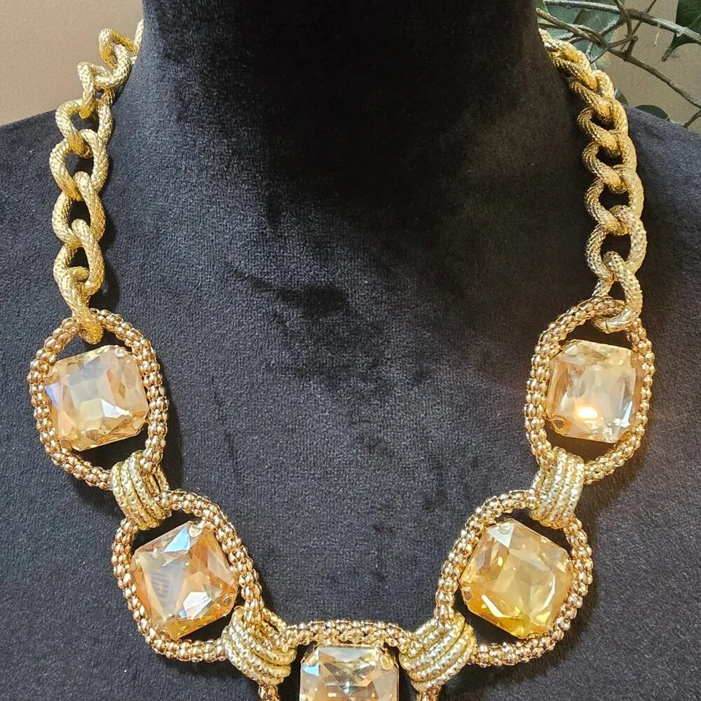 Square Crystal Statement Jeweled Necklace Gold Chunky Link Carat Tone Chain - Image 2