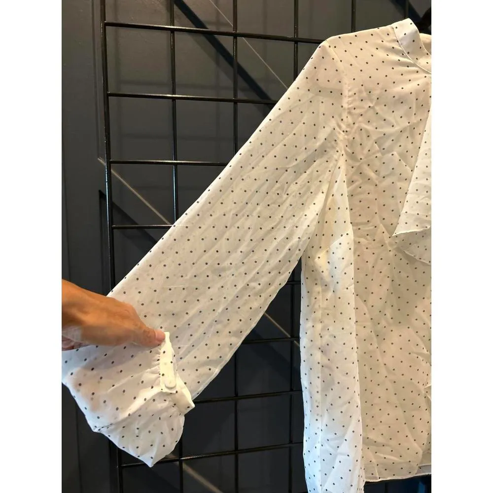 NWT Avec Les Filles Blouse Small White Black Polka Dot Keyhole Cascading Ruffles - Image 3