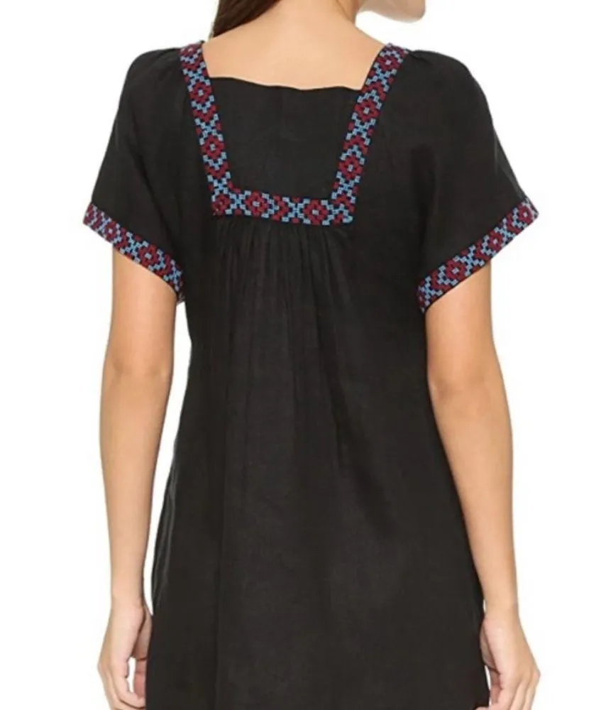Madewell Black 100% Linen Embroidered Wander Mini Dress Black small blue red - Image 4
