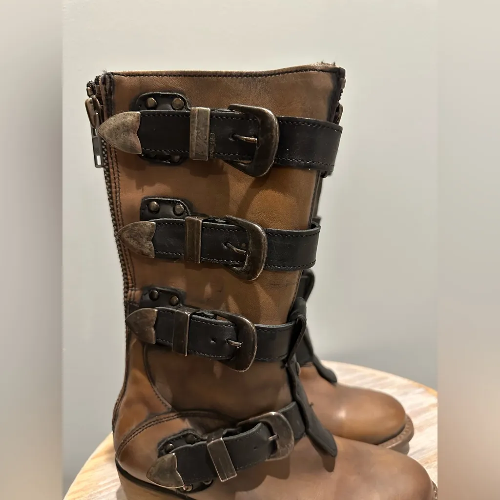 FreeBird Notorious Harness Buckle Zipper detail Brown/Tan Leather Boots 7 Brown - Image 5