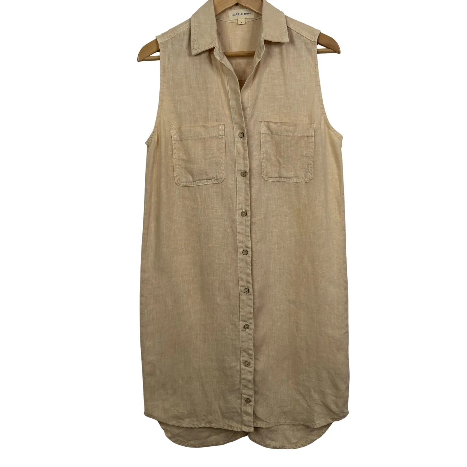 Cloth & Stone Sleeveless Button Front Shirt Dress Tan Linen Blend Size S - Image 2