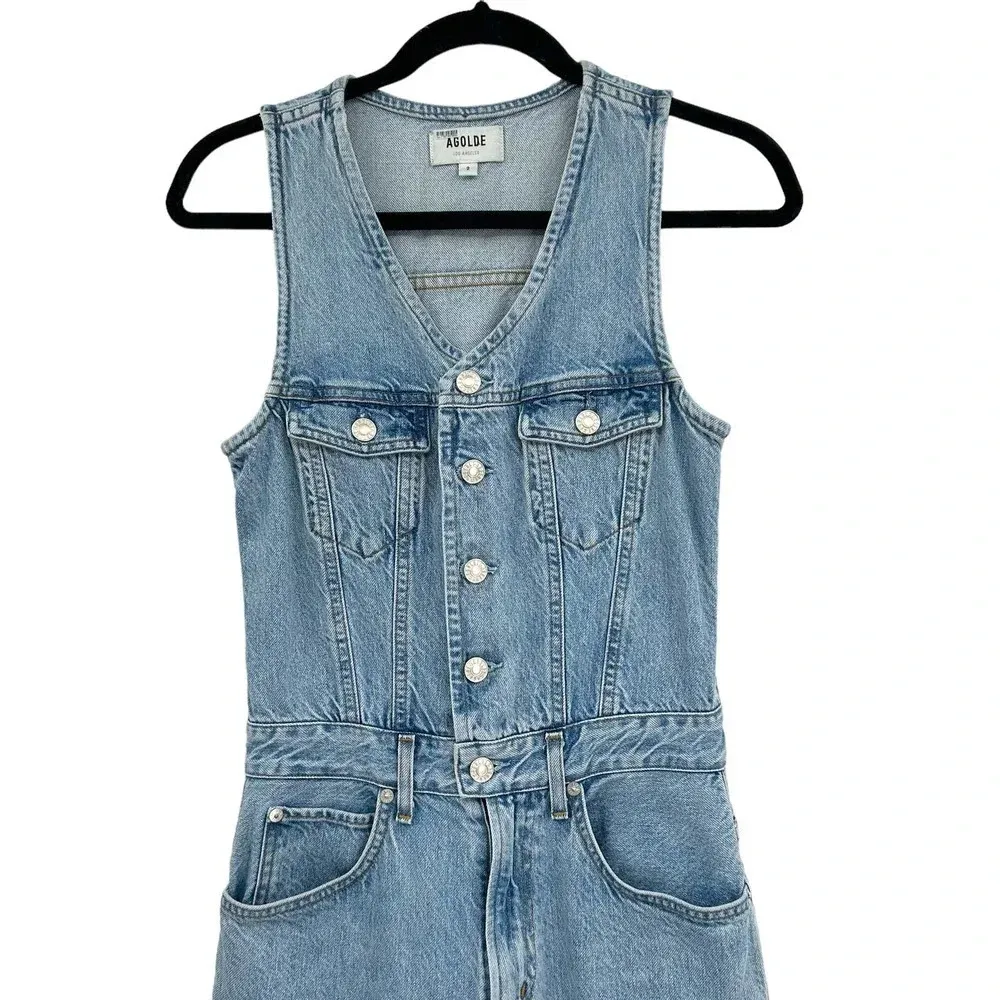 Agolde‎ 70s Trucker Jumpsuit Sleeveless Straight Leg Button Denim Blue Size 2 - Image 4