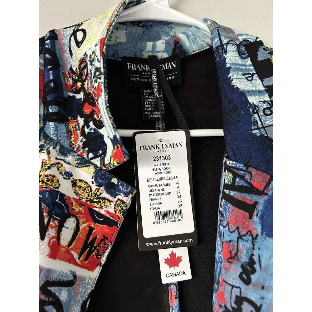 Frank Lyman Blue/Red Abstract Print Open Front Blazer Size 4 Art To Wear Luxury Blue - Image 4