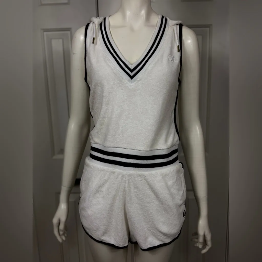 champion Cotton Blend romper Women's White and Black Trim Shorts Size Small - Image 3