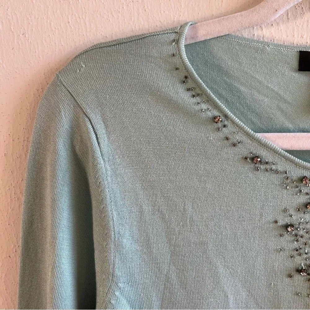August Silk Top Glazed Green Bejeweled Keyhole Neck Silk Blend Knit Sz M NWT - Image 6
