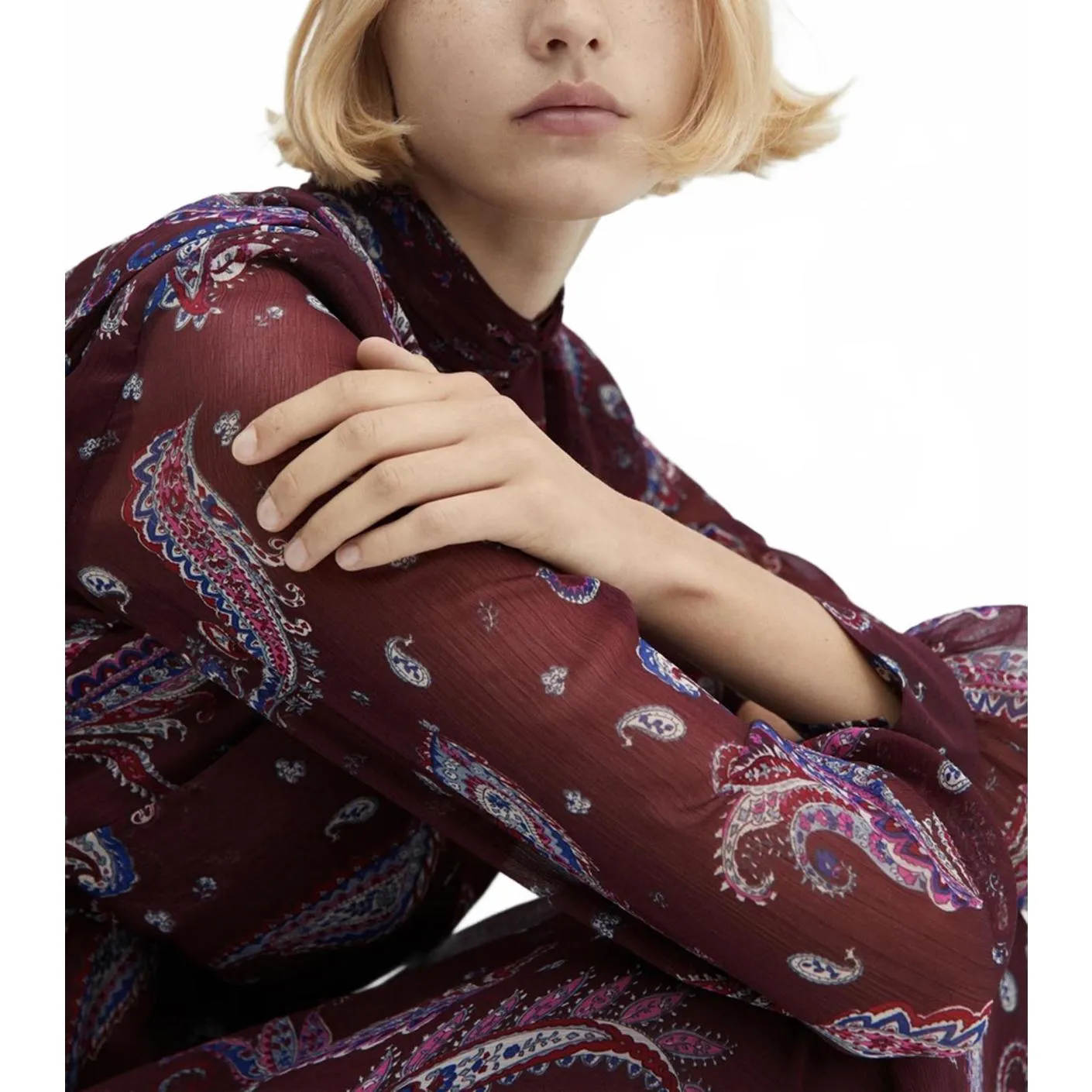 Mango Long Sleeve Flowy Paisley-Print Dress Midi Sandy Maroon NWT Size 2/XS - Image 9