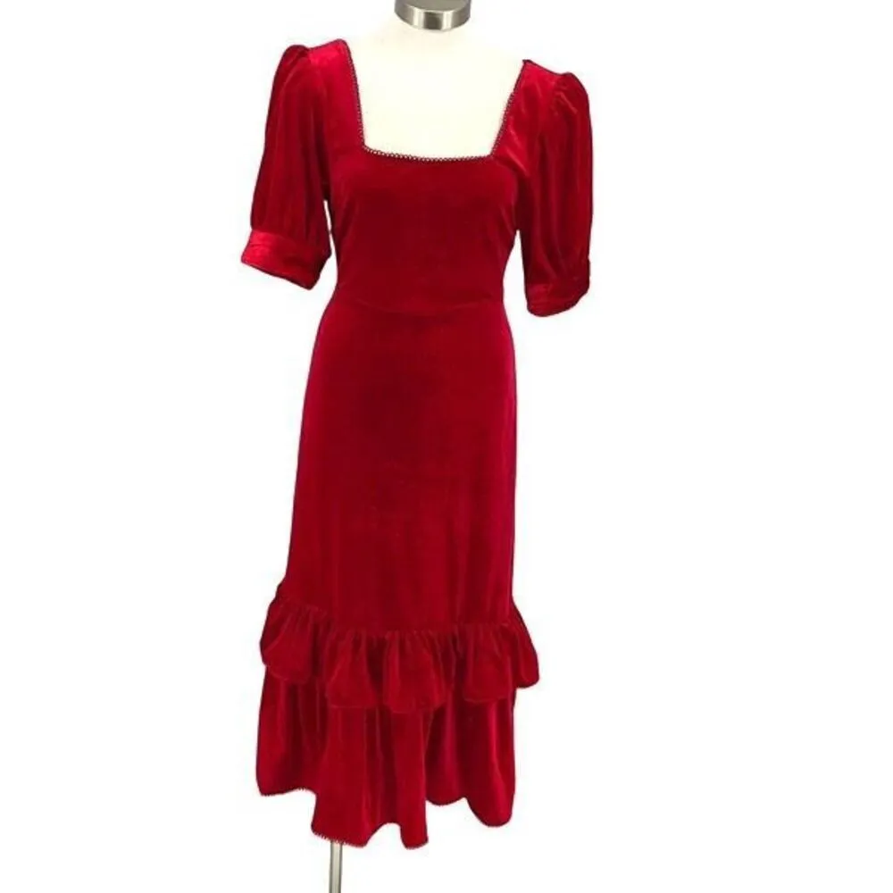 Rachel Parcell Puff Sleeve Peplum Skirt Midi Dress Red Velvet Size Small NWT‎ - Image 2