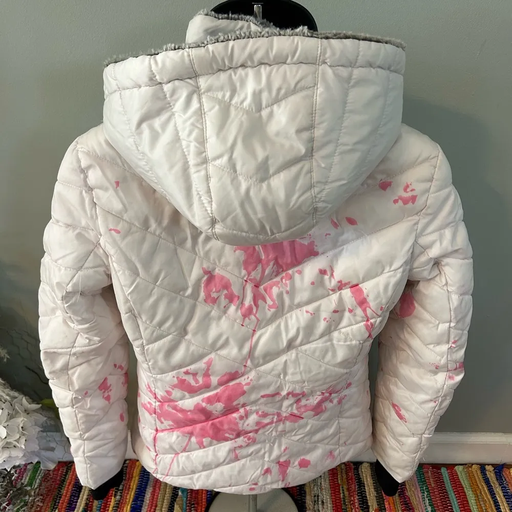 Nautica Tie Dye Puffer Hoodie Jacket Faux Fur Fuzzy White Small - Image 5