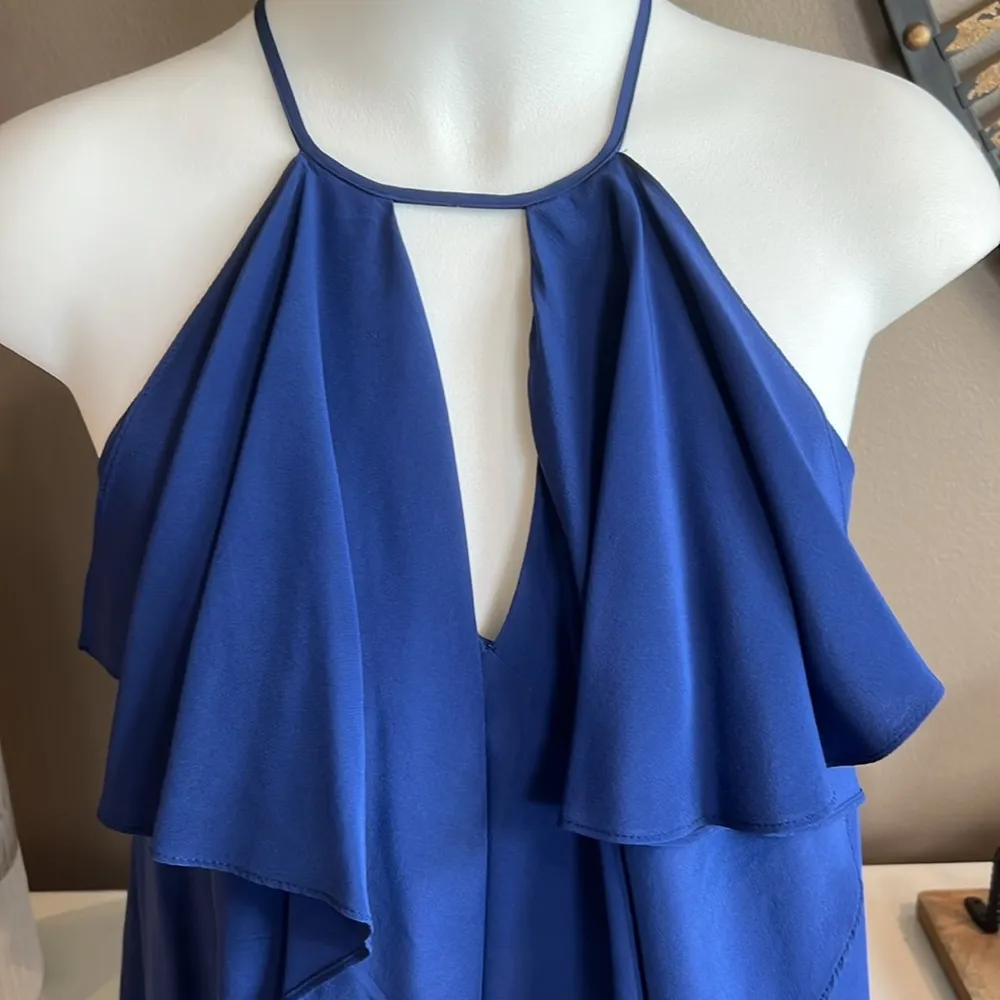 BCBGMAXAZRIA Claudia Blue 100% Silk Cascading Ruffle High Neck Halter Top Small - Image 4