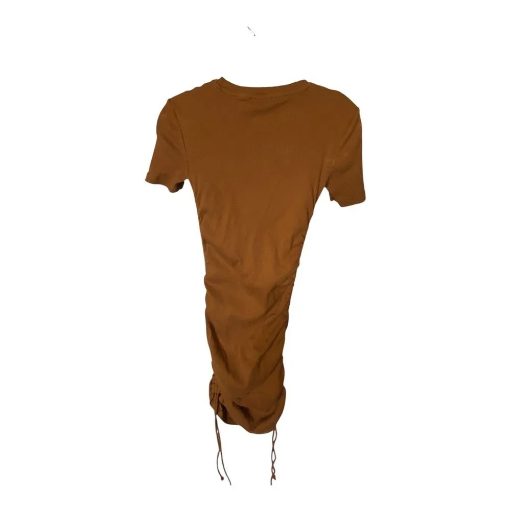 Zara Women's S Short Sleeve Ribbed Bodycon Tee Shirt Dress Brown Side Scrunch - Image 4