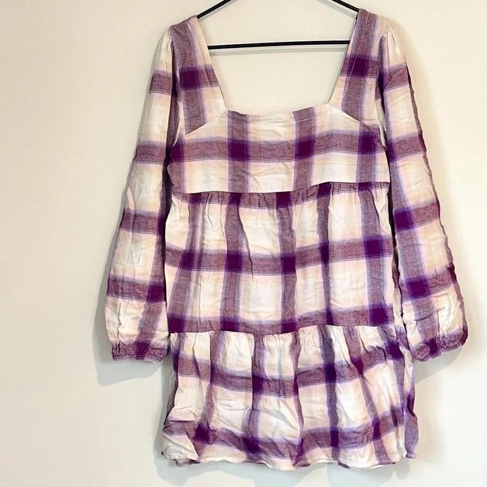 NWT BP by Nordstrom Cream + Purple Plaid Long Sleeve Square Neck Mini Dress - S - Image 7
