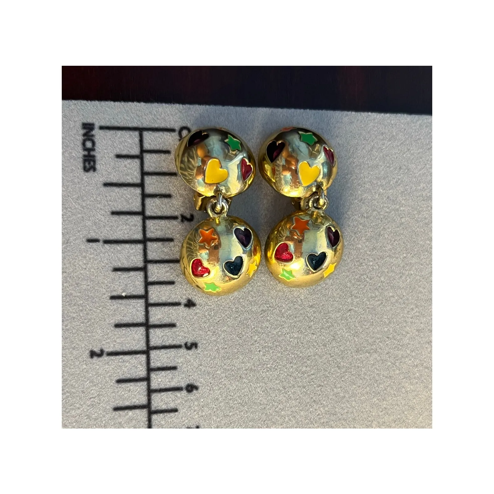 VTG Gold Tone Enamel Rainbow Hearts Clip On Earrings 80s Glam Marimekko - Image 3