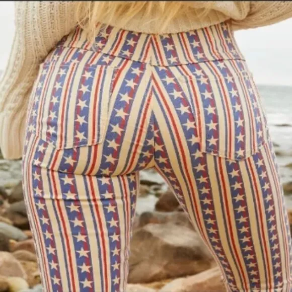 NEW Free People‎ Penny Pull On Flare Jeans Stars And Stripes Print , 32 - Image 5
