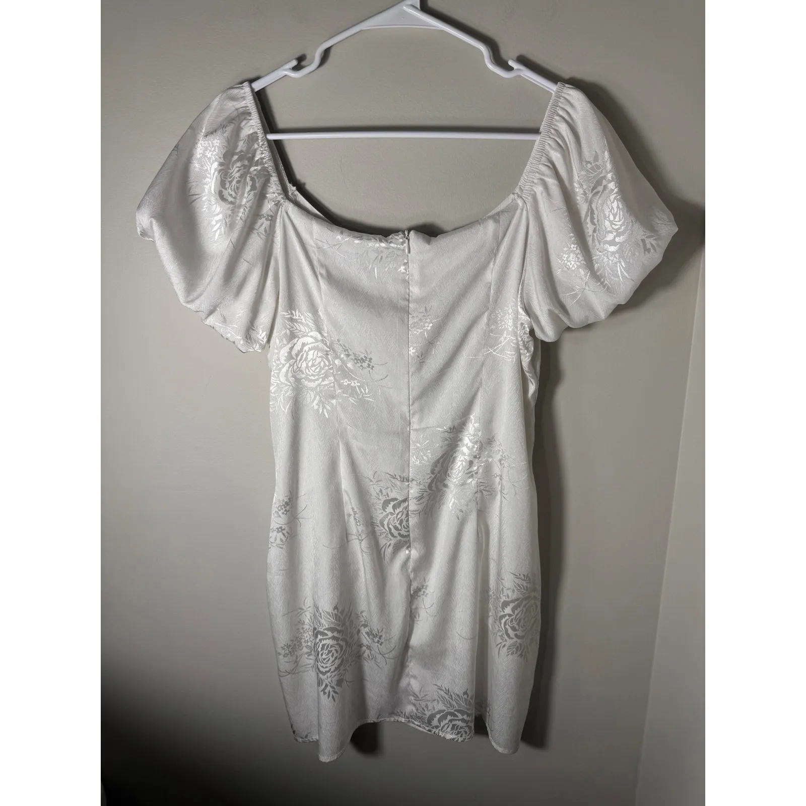 Lulus White Floral Jacquard Puff Sleeve Sweetheart Neckline Mini Dress Size L - Image 6