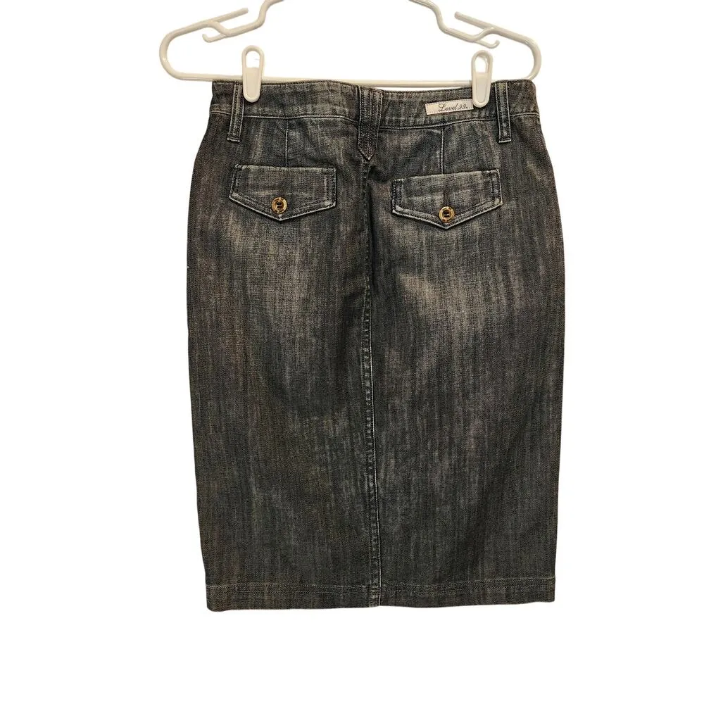 Level 99 Dark Wash Denim Back Slit Knee Length Straight Pencil Skirt Size 28 Black - Image 2