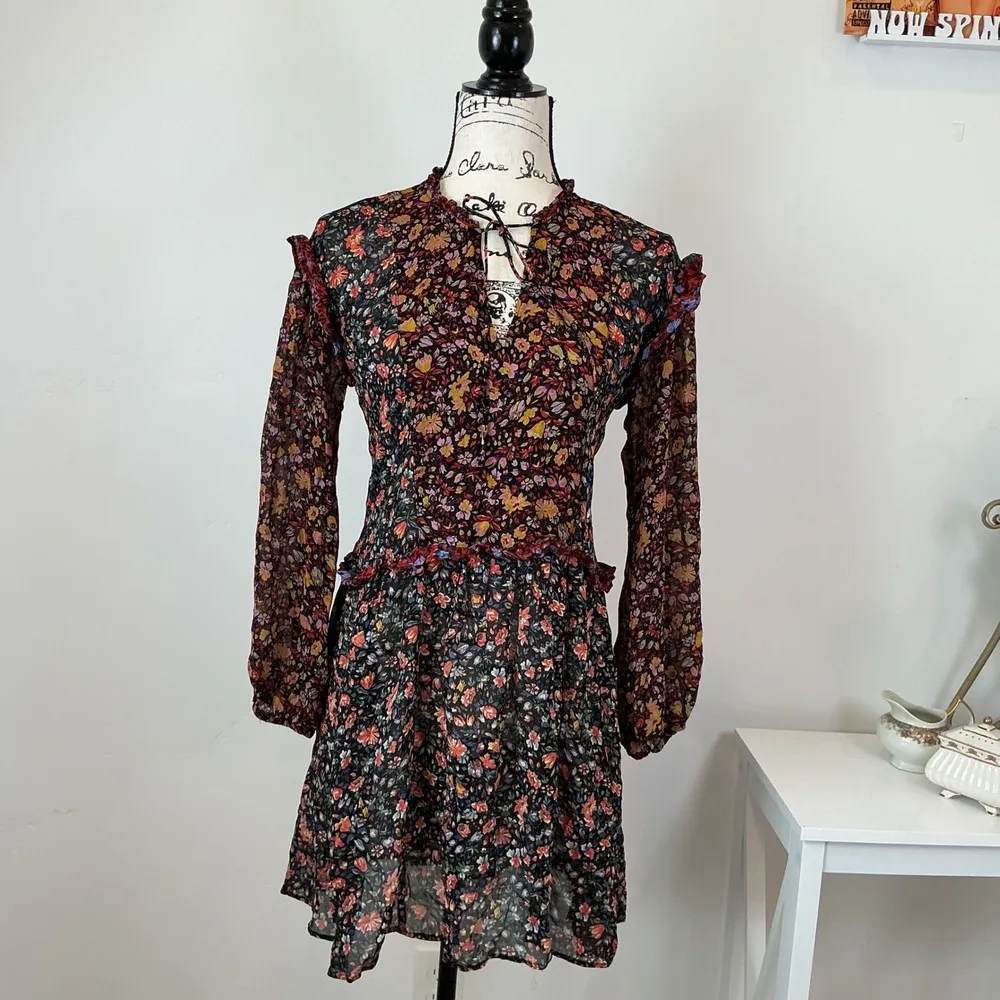 Anthropologie Floral Mini Dress Ruffle Trim Long Sleeve‎ Viscose XS - Image 2