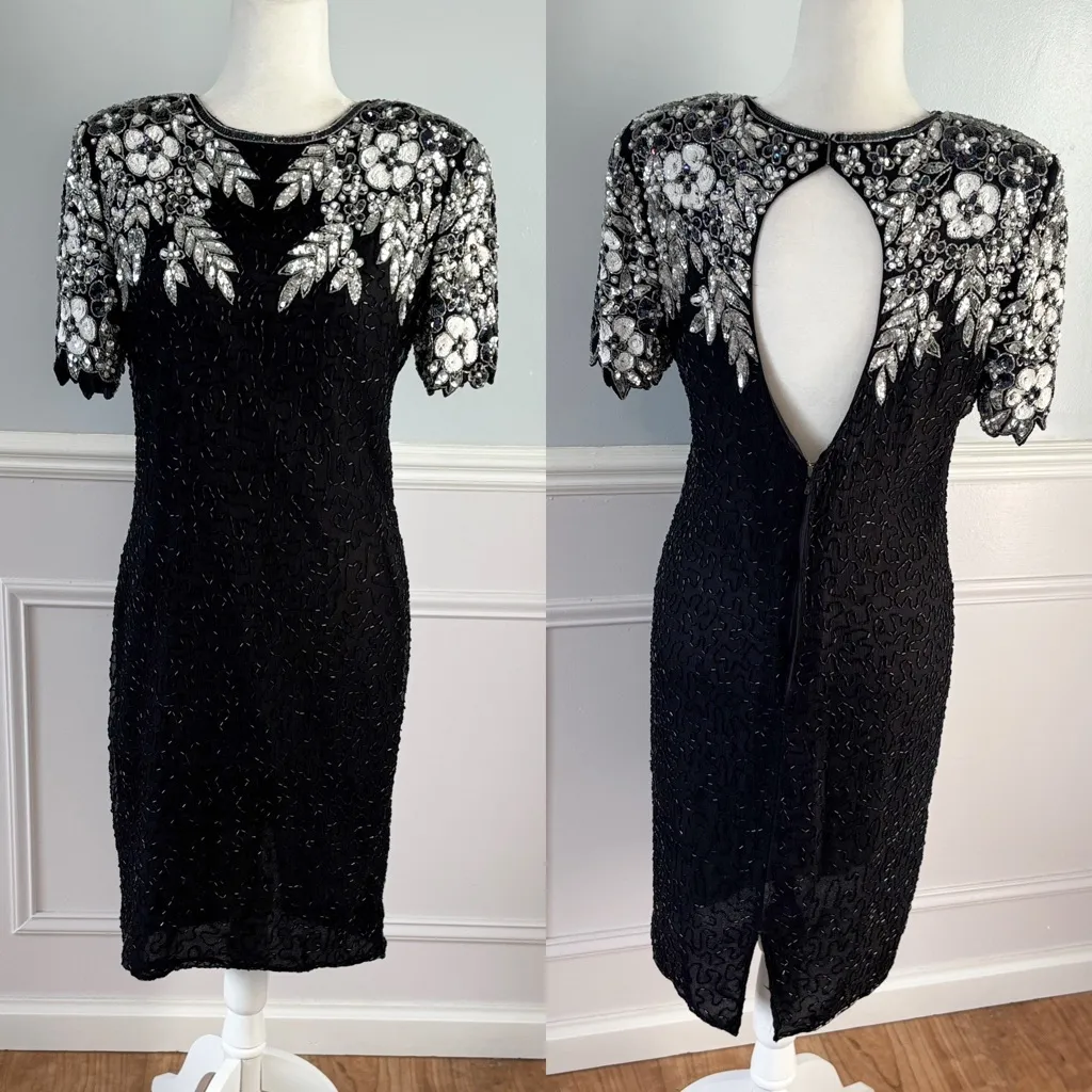 Ste'nay 1980s Black Silver Sequin Party Dress Black Tie Formal Sz 10 LBD Holiday - Image 2