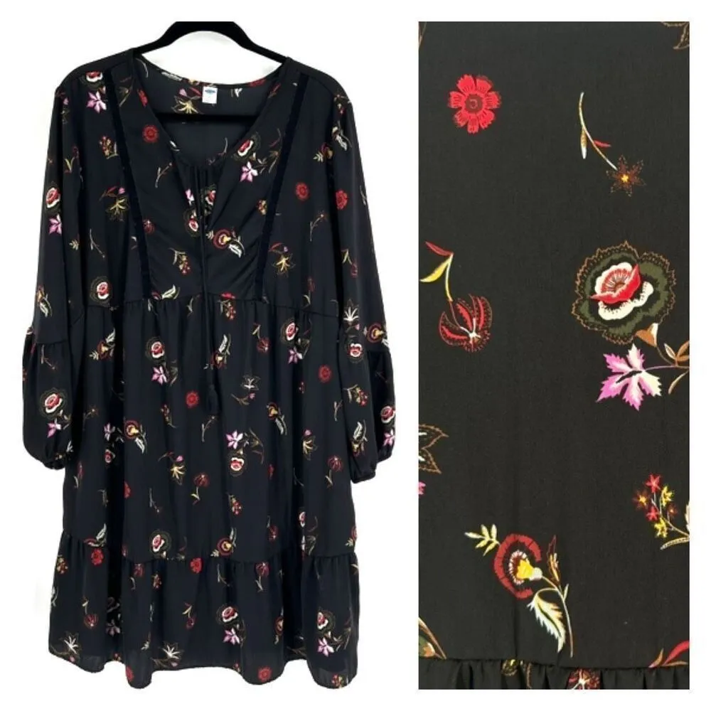 Old Navy Womens Floral Long Sleeve Velvet Trim Peasant Swing Dress Black Size XL - Image 2