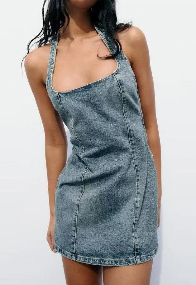 trf halter neck denim dress ASYMMETRIC TRF DENIM HALTER DRESS - Light blue