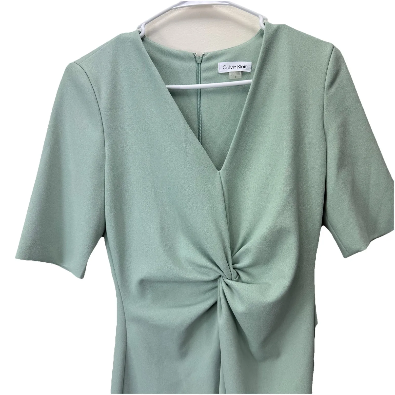 Calvin Klein Sage Green Twist Front Stretch Crepe Sheath Dress Size 2‎ - Image 3