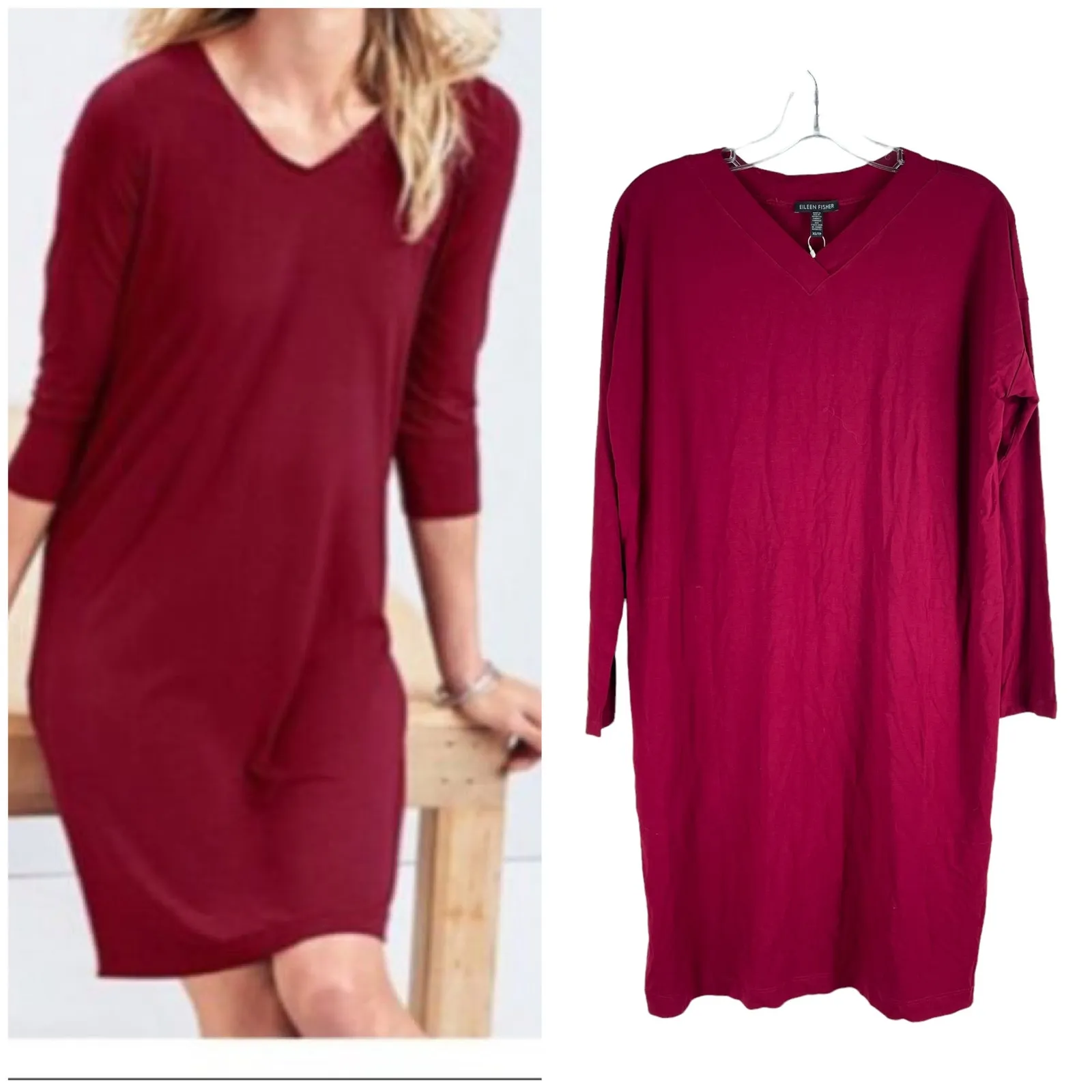 Eileen Fisher Viscose Jersey Knee Length Dress Pockets Red Size XS - Image 2