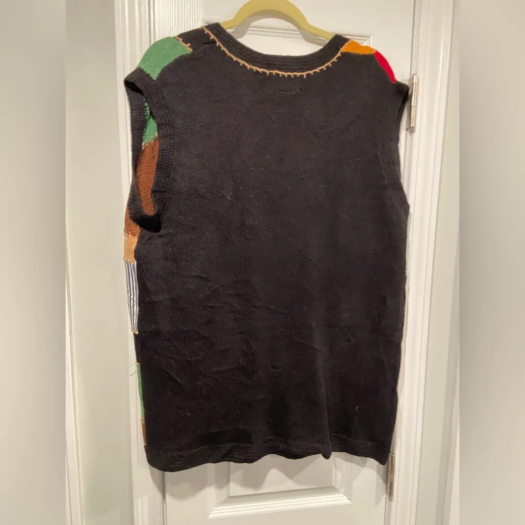 VTG 80s Cambridge Country Store Size L Christmas Sweater Vest Cotton Patchwork Black Size L - Image 9