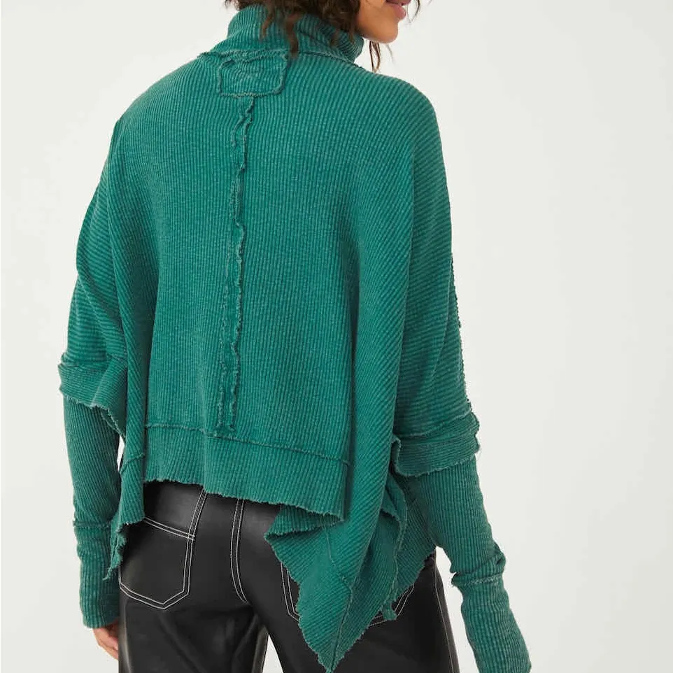 Free People Moon Daisy Top Size Medium Green Thermal Waffle Knit Pullover - Image 2