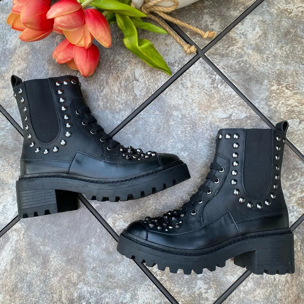 New KARL LAGERFELD PARIS Black Breck Studded Leather Moto Combat Boot Size 6 - Image 8