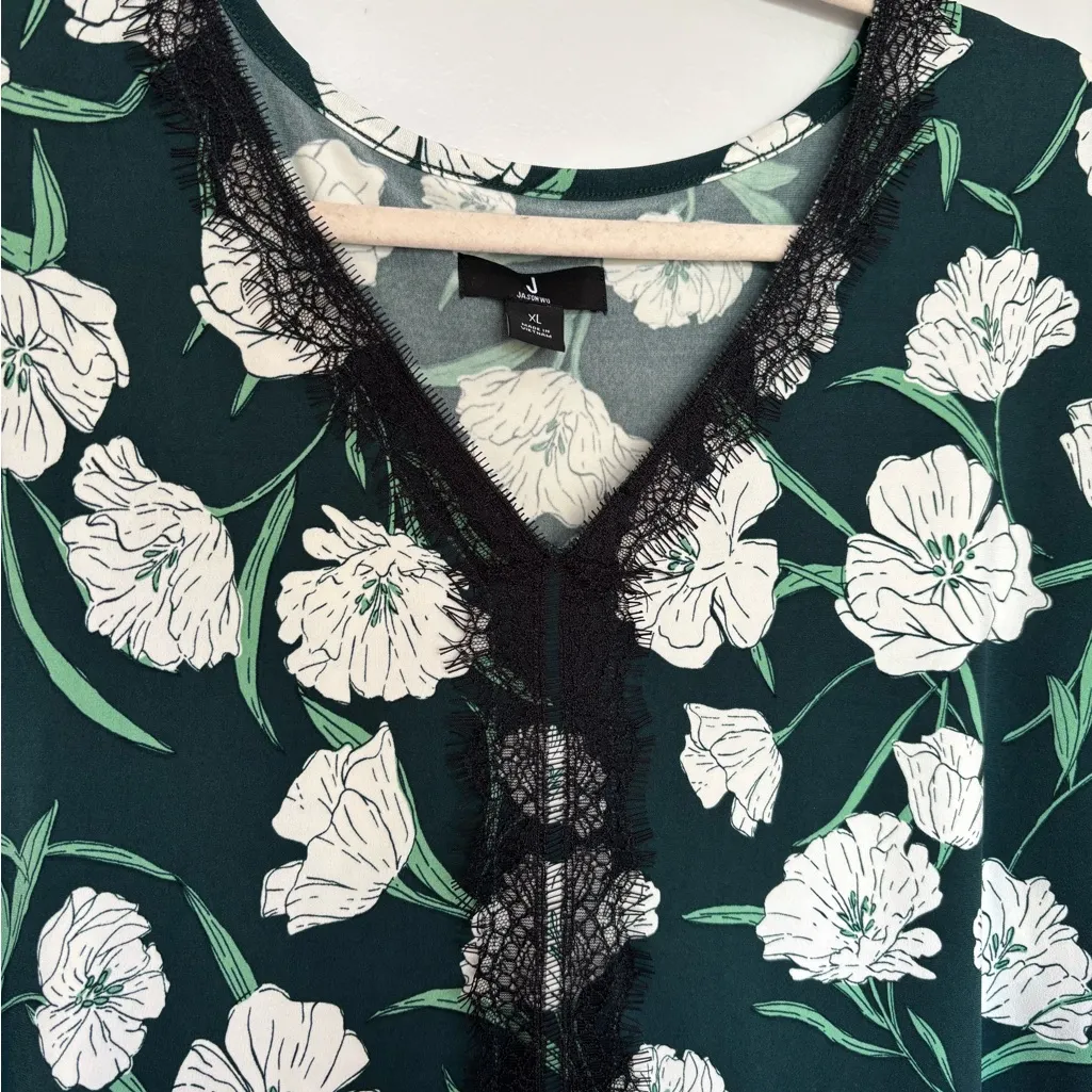 Jason Wu Eyelet Lace Front V-Neck Floral Print Top Evergreen & White - Image 4