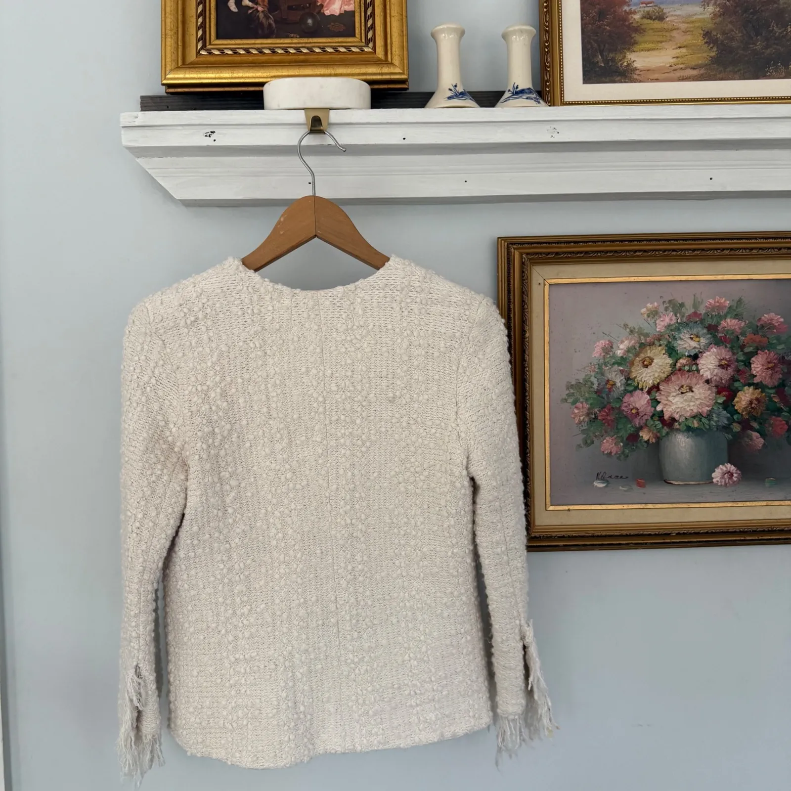 ALEXIS Cream Bouclé Fringe Open Blazer Medium | Textured Cotton Blend Tweed Chic - Image 2