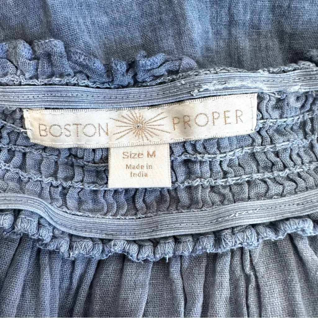 Boston Proper Off Shoulder Top M Blue Embroidered Floral Elastic Boho Peasant - Image 6