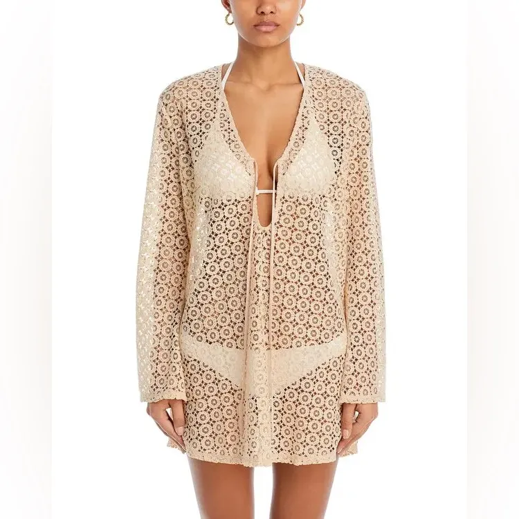 Aqua Lace Crochet Keyhole Mini Dress Swim Cover-up Bell Sleeve Medium - Image 2