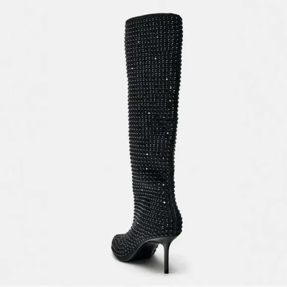 $185 NWT Zara Rhinestone Embellished Knee High‎ Boots Stiletto Heel Party Shoes - Image 3