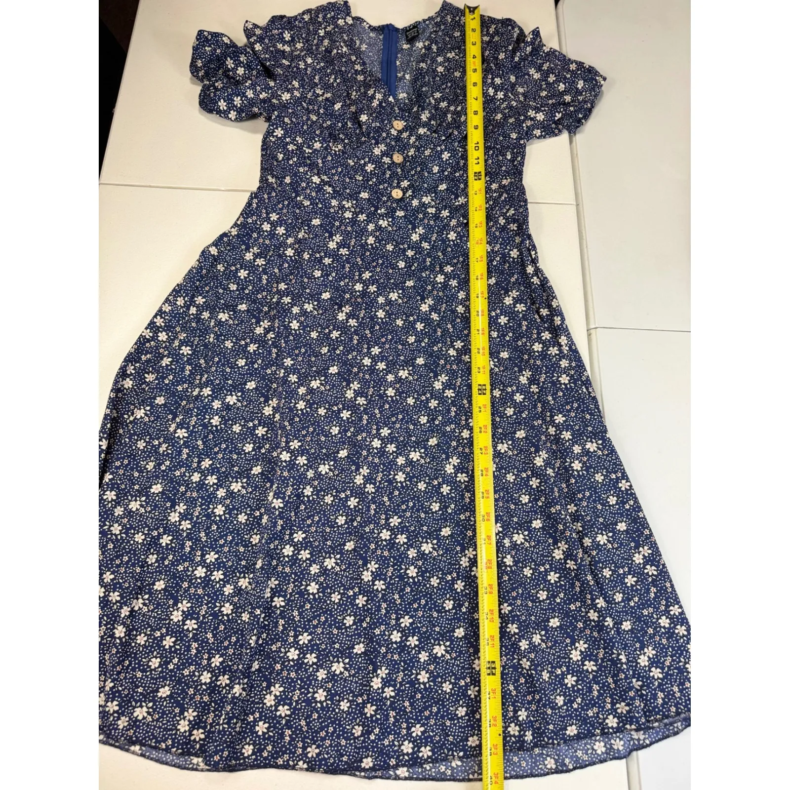 Droimp Blue Floral Print Button Up V Neck Short Sleeve Midi Dres M Size M - Image 3