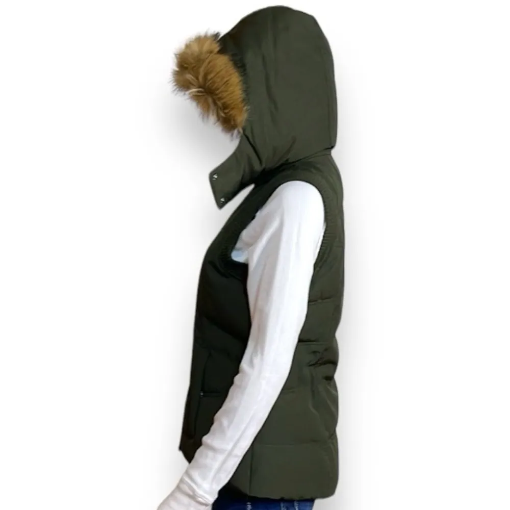 Down Puffer Vest Army Green Detachable Faux Fur Hood Women’s Size XS - Image 6