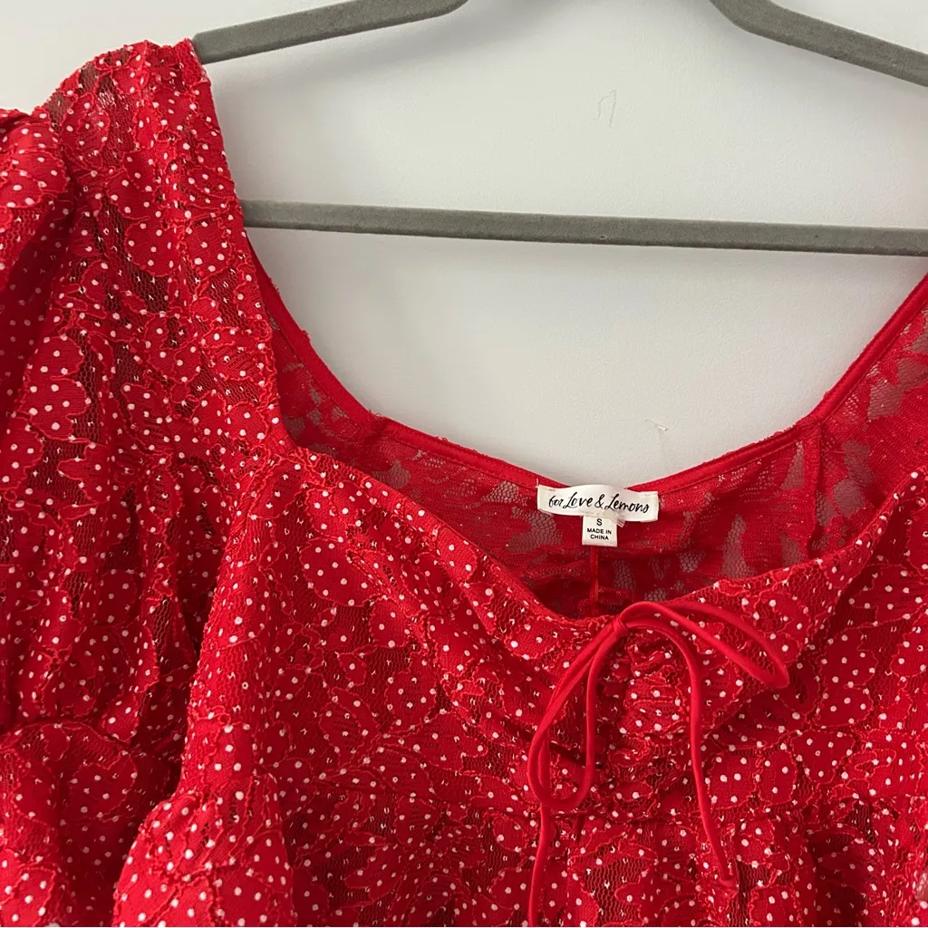 For Love & Lemons Leila Top Red White Lace Polka Dot Puffed Sleeves Crop Top S - Image 5