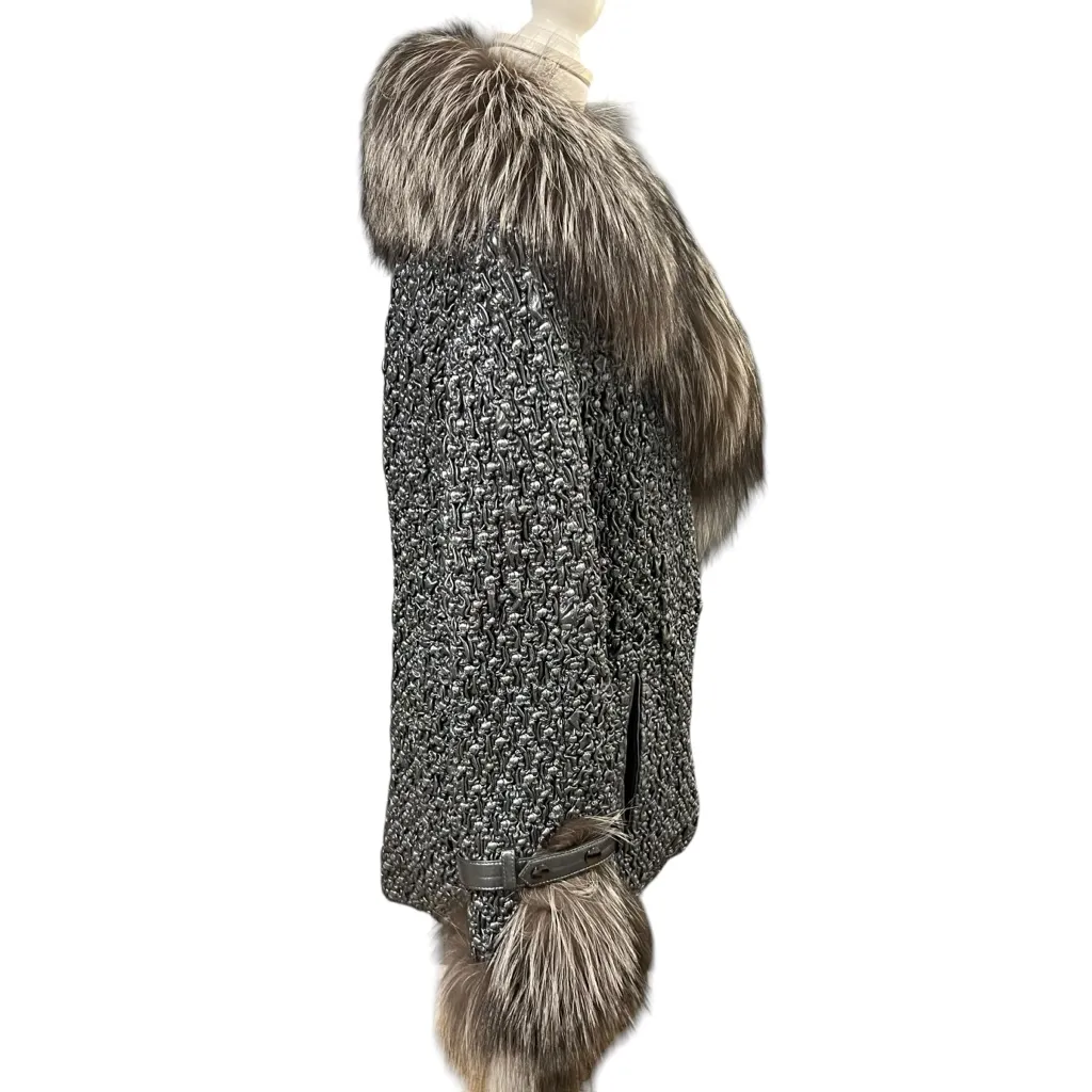 Womens Bubble Lambskin Leather Jacket Genuine Silver Fox Trim Size M Stretch Size M - Image 3