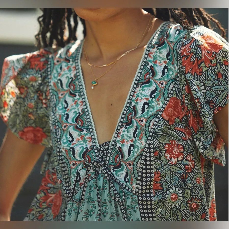 Anthropologie Astrid Boho Paisley Floral Tunic Dress Blue Green size Small - Image 3