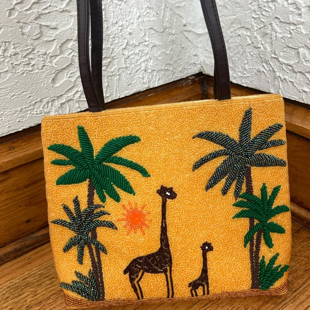 VTG 90’s CHICO’s Beaded Safari Giraffe Palm Tree Leather Shoulder Bag Tote - Image 2