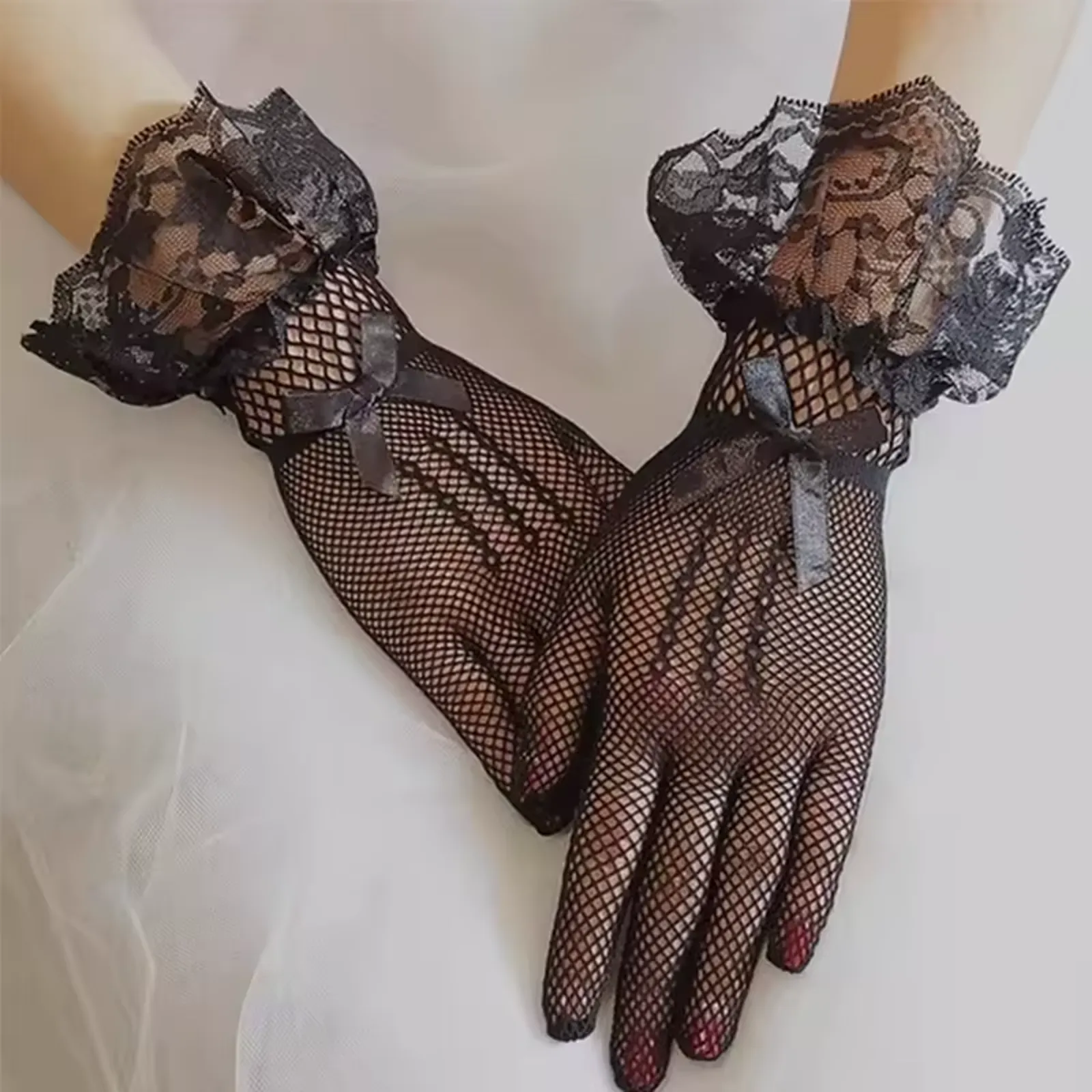 Gothic Victorian Lolita EGL Lolita Vampire Black Fishnet Lace & Bow Gloves - Image 2