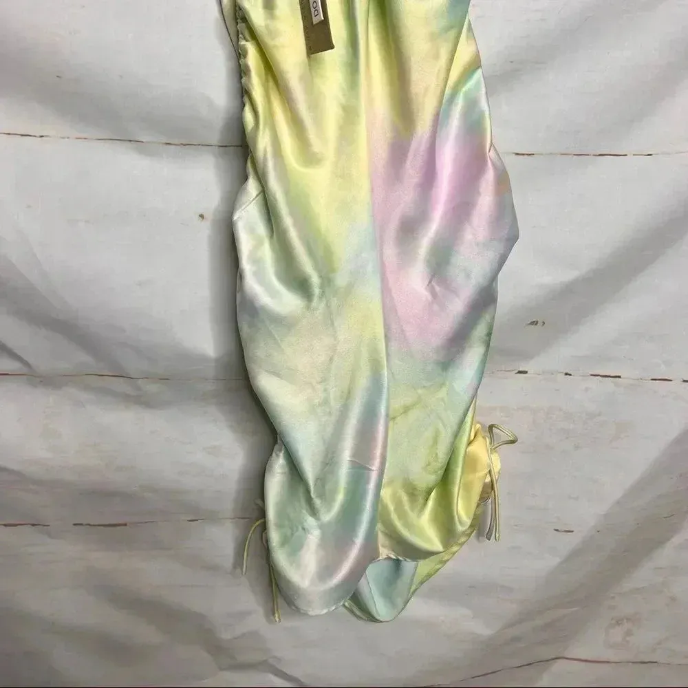 DO + BE Side Ruched Tie Dye Dress Size Medium Adjustable Straps Square Neck Yellow - Image 6