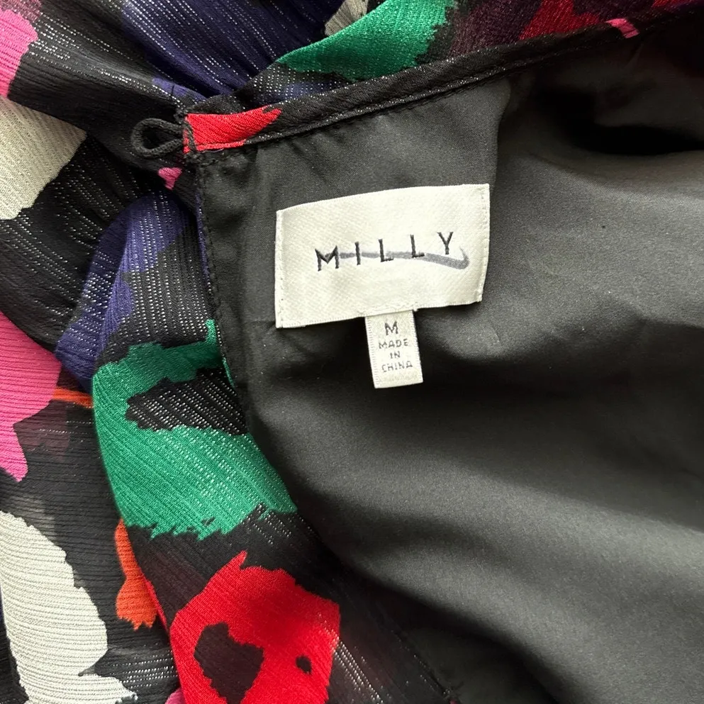 Milly Ruffle Layla Poppy Print Mini Dress Black Multi Dress Size Medium - Image 8