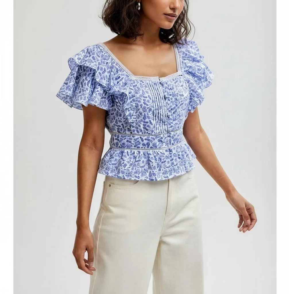 PINK CITY PRINTS Emilee Top, Cornflower Dahlia, Medium Blue - Image 2