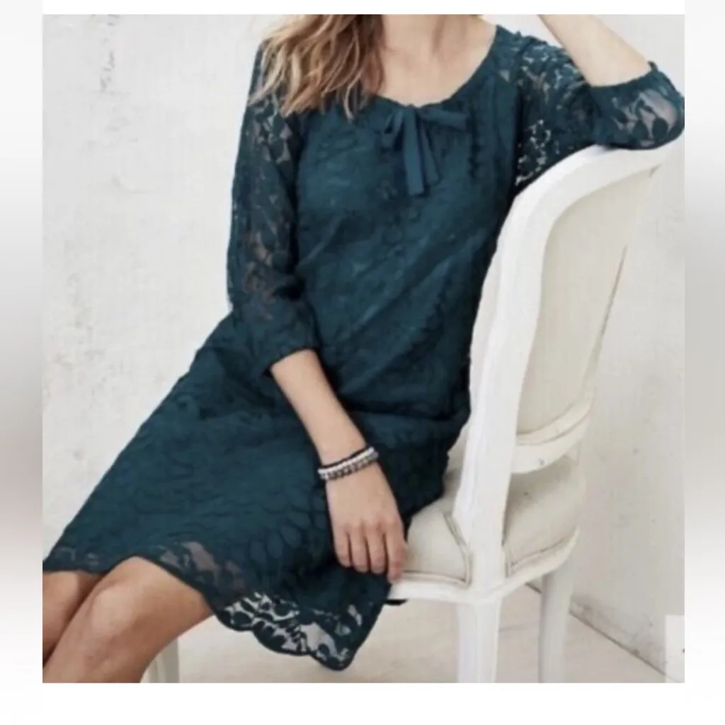 Garnet Hill Boheme Easy Lace Dress teal turquoise knee length boho tie 16 - Image 2